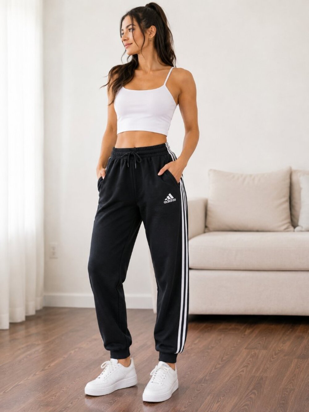 Adidas Women's Fleece Lined Sweatpants Black 3 Stripe Jogger Pants Size M